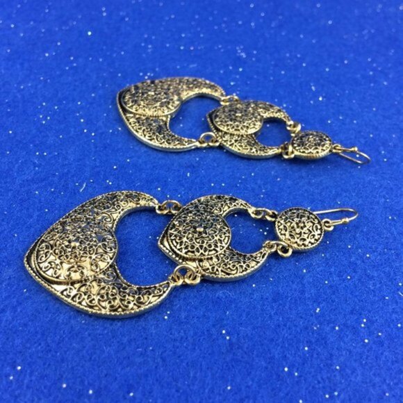 Long Triple Tier Dangle Goldtone Metal Earrings Bali-Inspired Design Statement - Picture 7 of 10